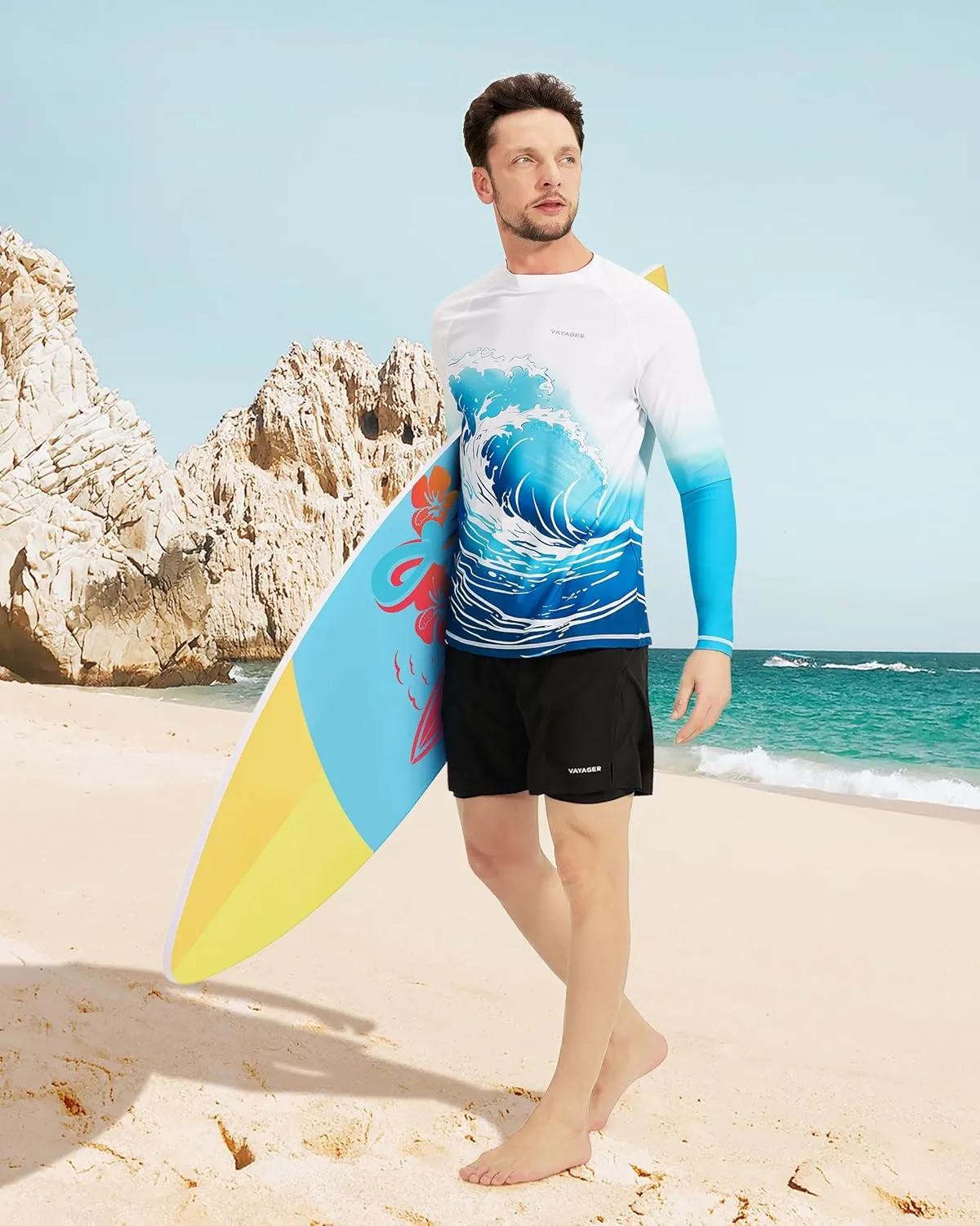 VAYAGER Men's Swim Shirt UPF 50  UV Sun Protection Quick Dry Rash Guard Shirts Short Sleeve Surf Shirt Fishing Beach T-Shirt