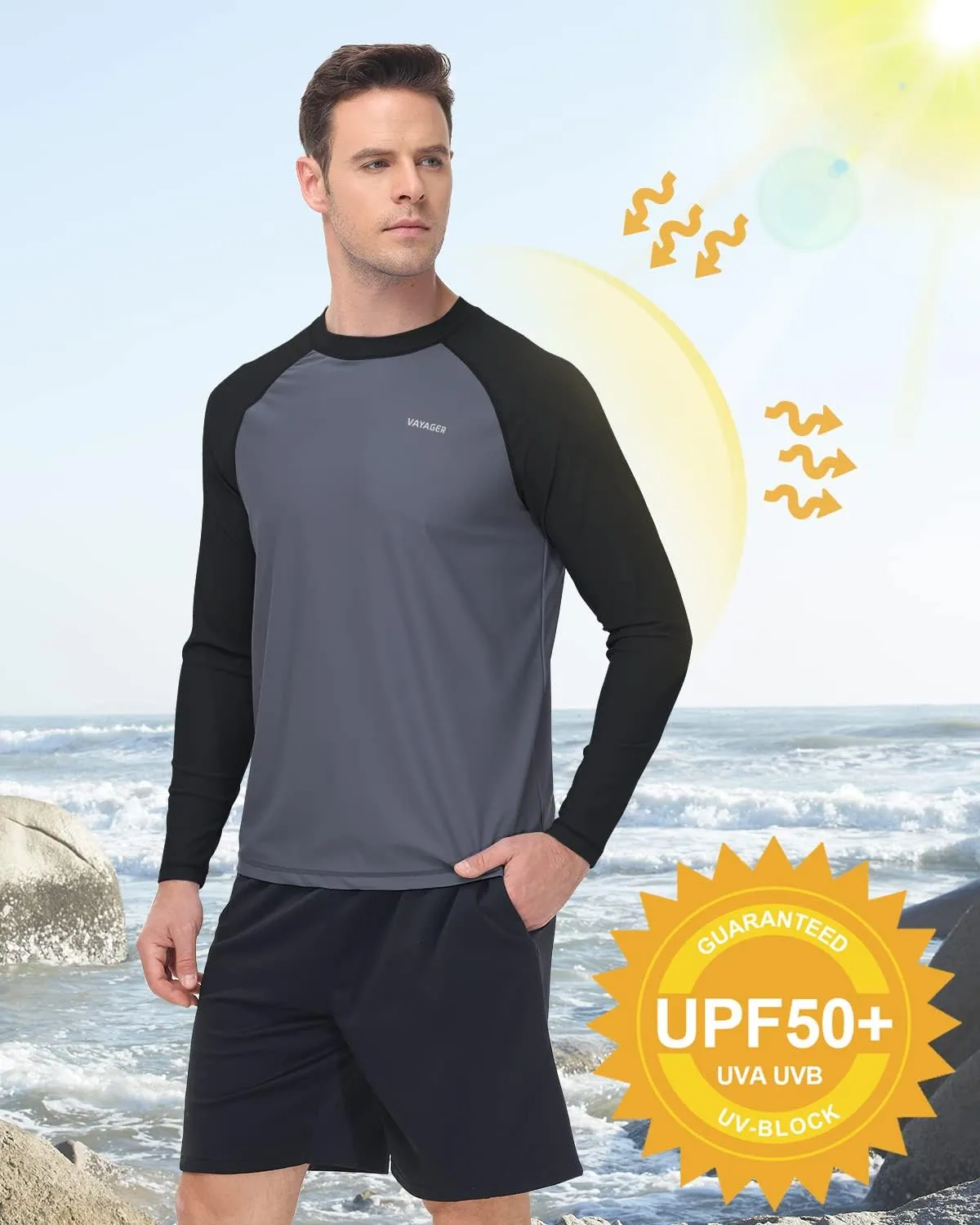 VAYAGER Men's Swim Shirts Rash Guard UPF 50  Quick Dry T-Shirt Loose Fit Water Surfing T Shirts