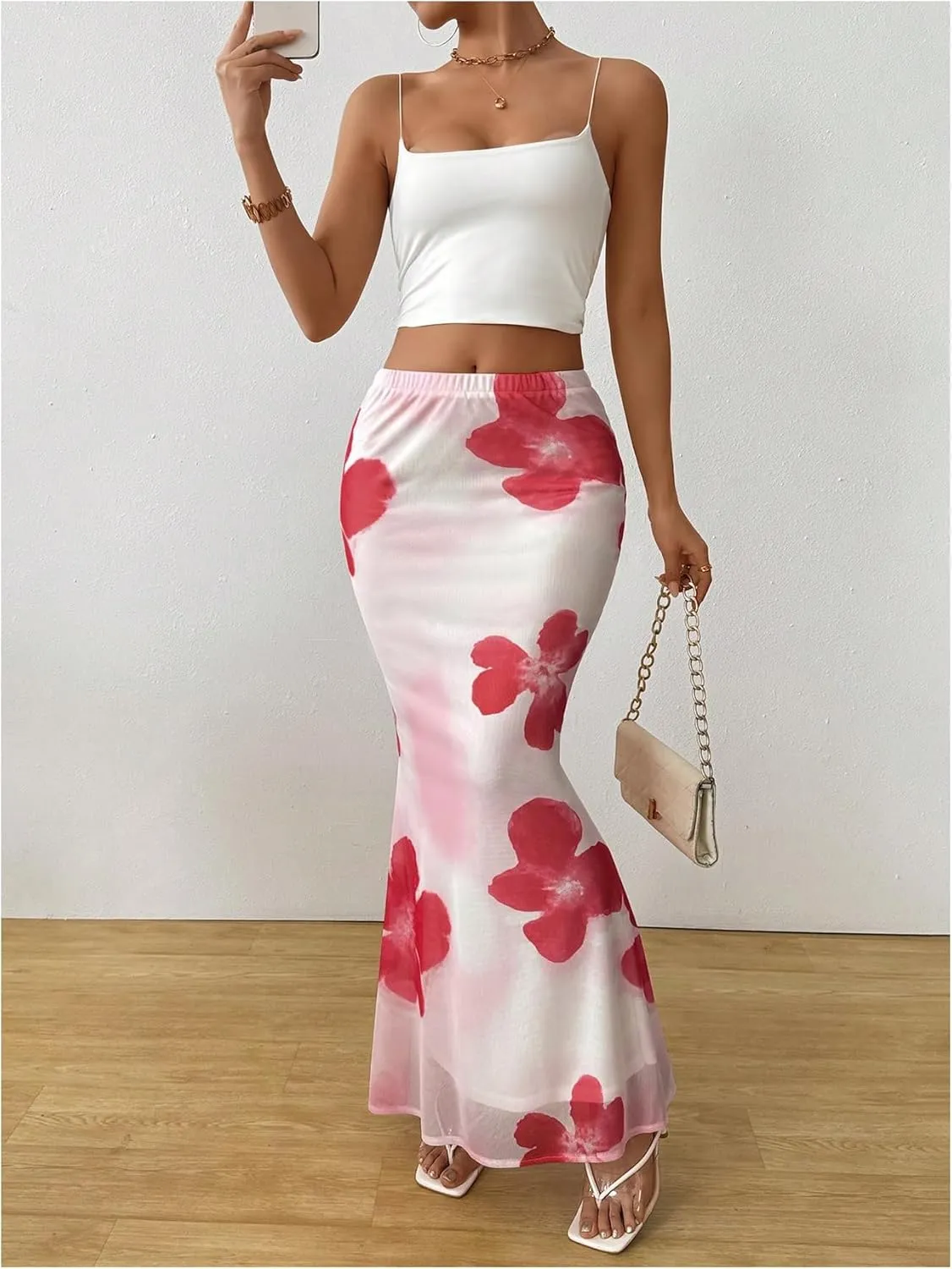 Verdusa Women's Boho Floral Print Bodycon Fishtail Skirt Layered Maxi Skirts