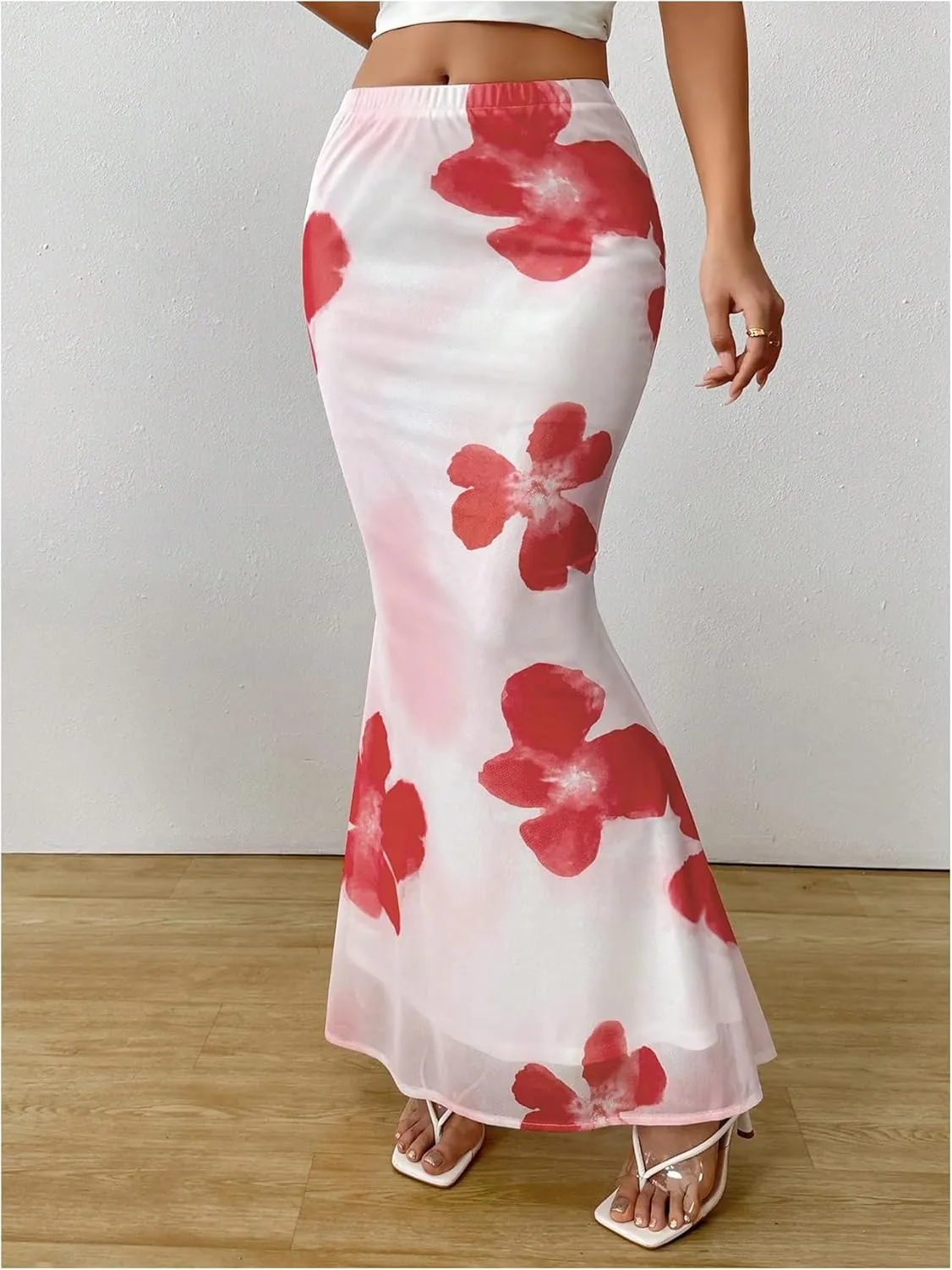 Verdusa Women's Boho Floral Print Bodycon Fishtail Skirt Layered Maxi Skirts