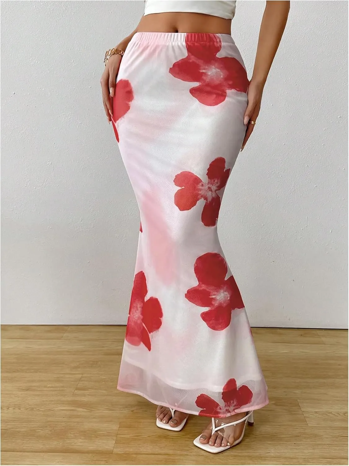 Verdusa Women's Boho Floral Print Bodycon Fishtail Skirt Layered Maxi Skirts
