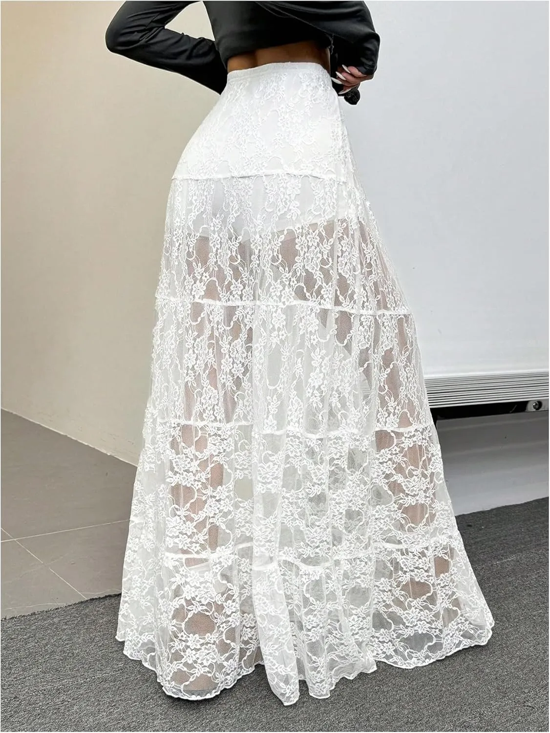 Verdusa Women's Flora Lace Layered Maxi Skirt High Rise Sheer Flowy Skirt