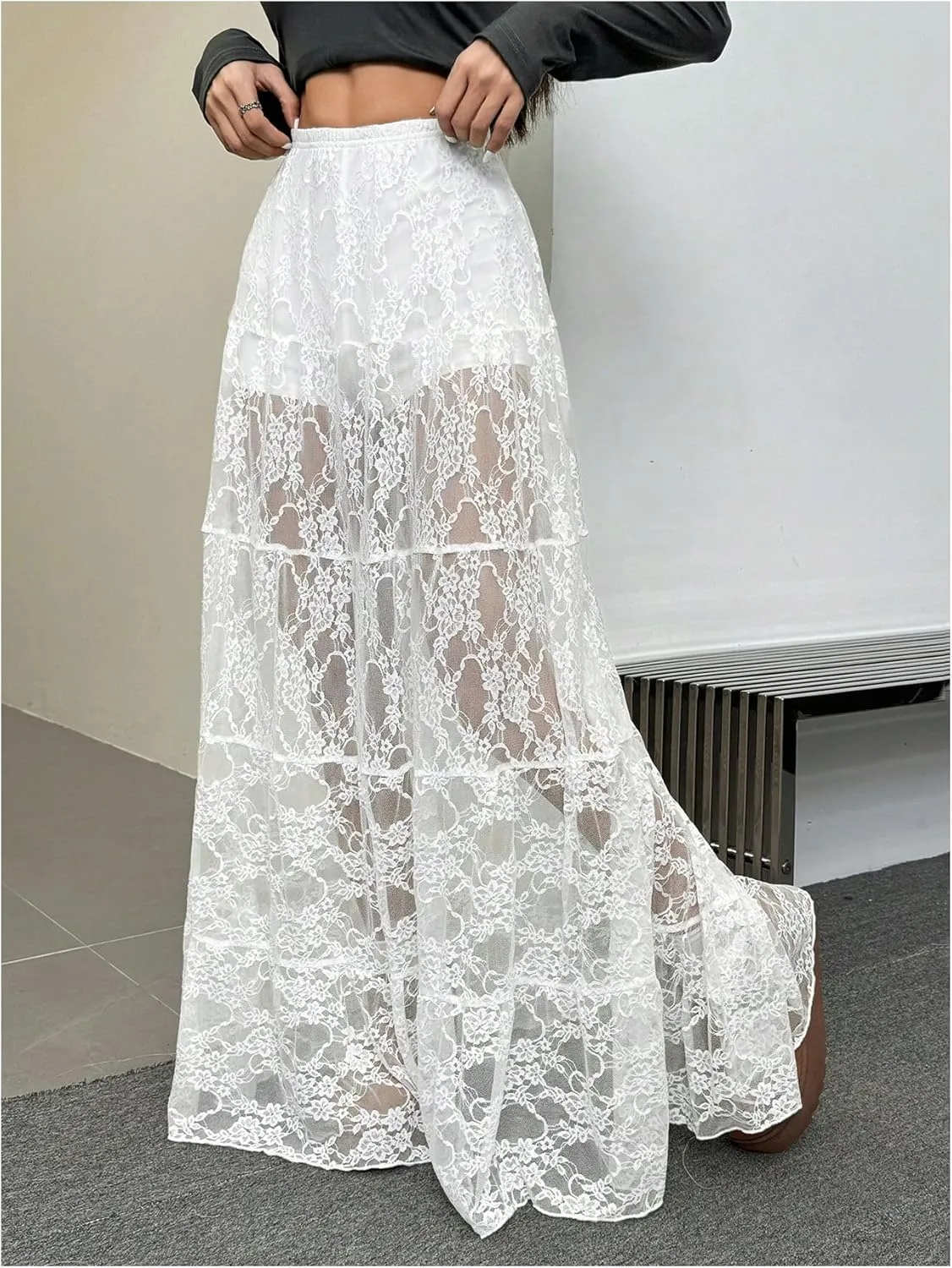 Verdusa Women's Flora Lace Layered Maxi Skirt High Rise Sheer Flowy Skirt
