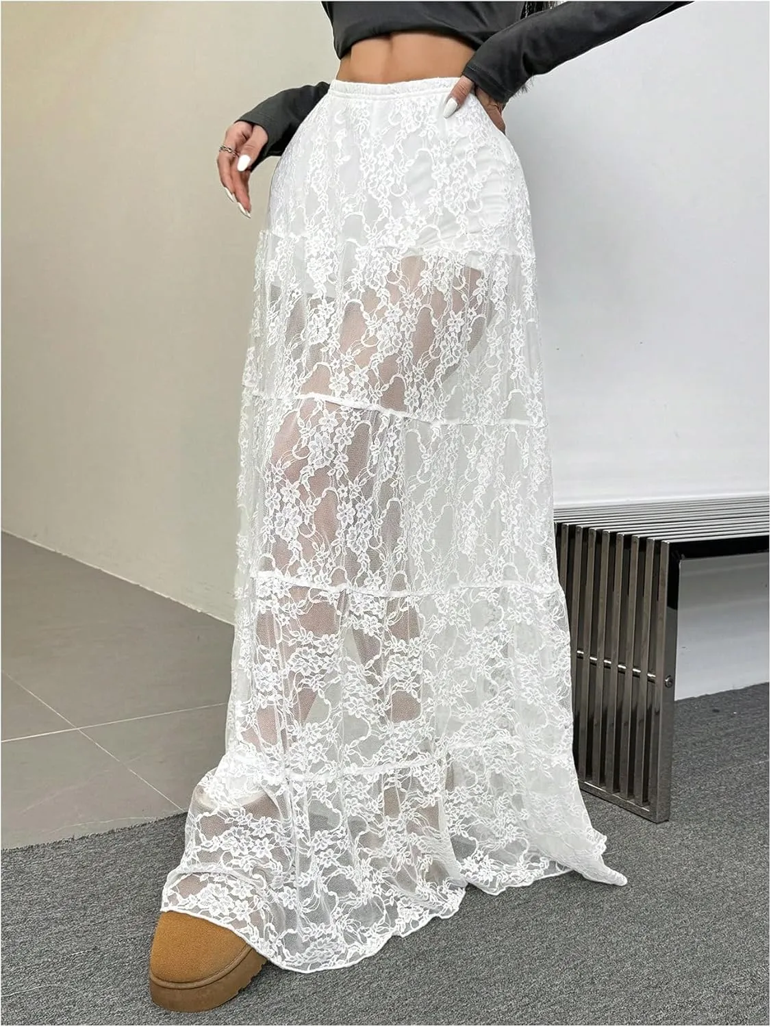 Verdusa Women's Flora Lace Layered Maxi Skirt High Rise Sheer Flowy Skirt