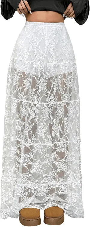 Verdusa Women's Flora Lace Layered Maxi Skirt High Rise Sheer Flowy Skirt