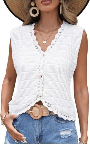 Verdusa Women's Sweater Vest Hollow Out Frill Hem Button Front Fall Fashion Trendy Tops Knitted Cardigan