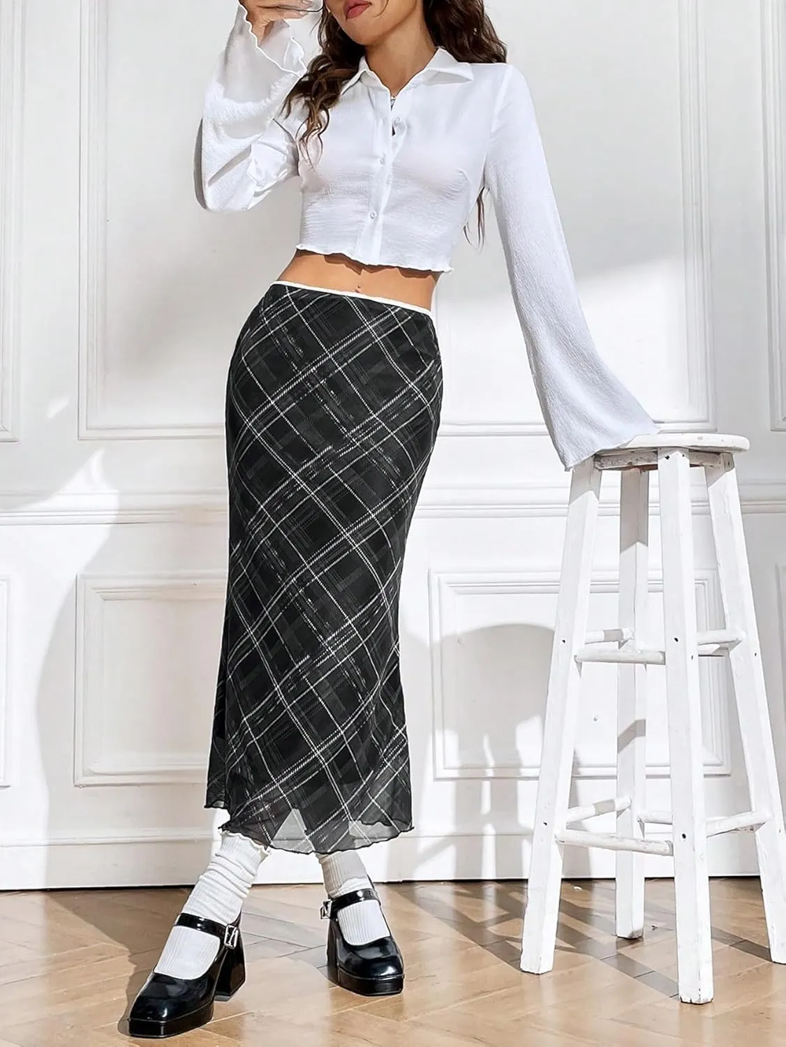 Verdusa Women's Vintage Plaid Print Layered Fishtail Skirt High Waist Long Skirts