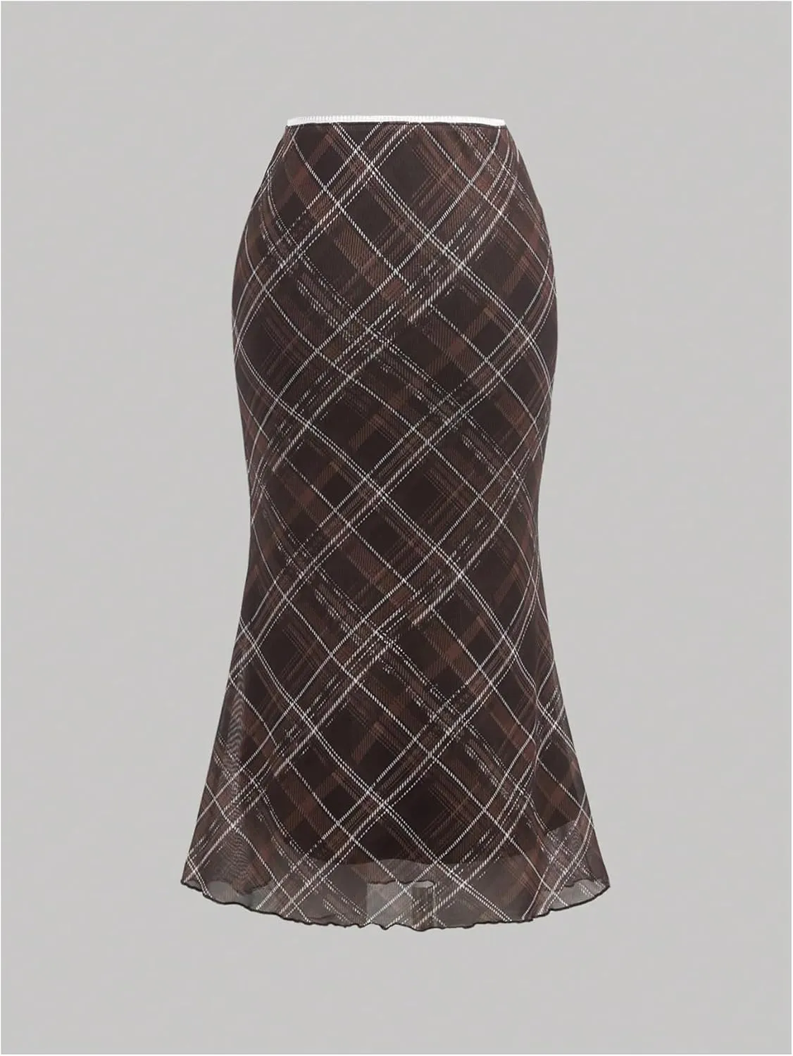 Verdusa Women's Vintage Plaid Print Layered Fishtail Skirt High Waist Long Skirts