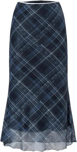 Verdusa Women's Vintage Plaid Print Layered Fishtail Skirt High Waist Long Skirts