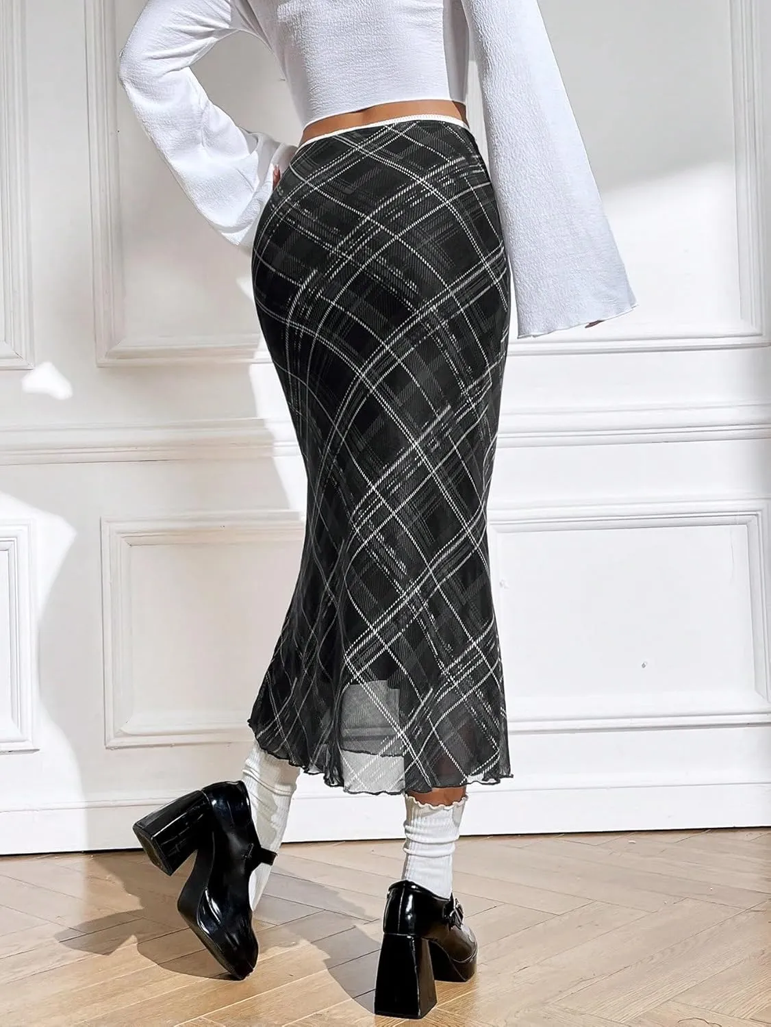 Verdusa Women's Vintage Plaid Print Layered Fishtail Skirt High Waist Long Skirts