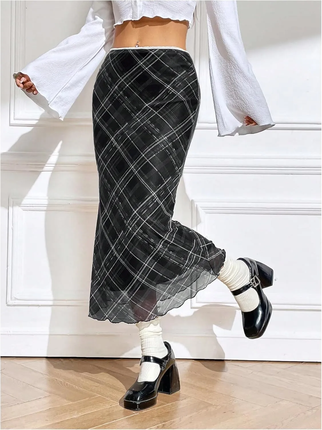 Verdusa Women's Vintage Plaid Print Layered Fishtail Skirt High Waist Long Skirts