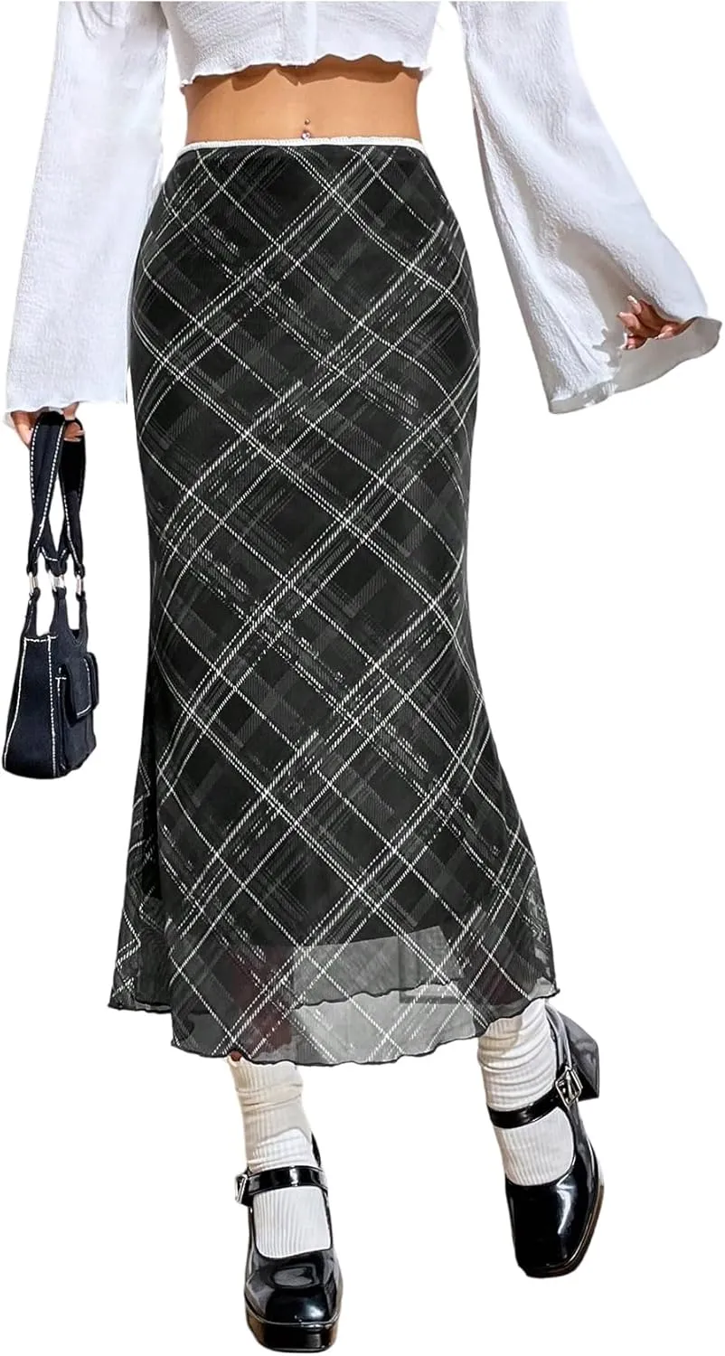 Verdusa Women's Vintage Plaid Print Layered Fishtail Skirt High Waist Long Skirts