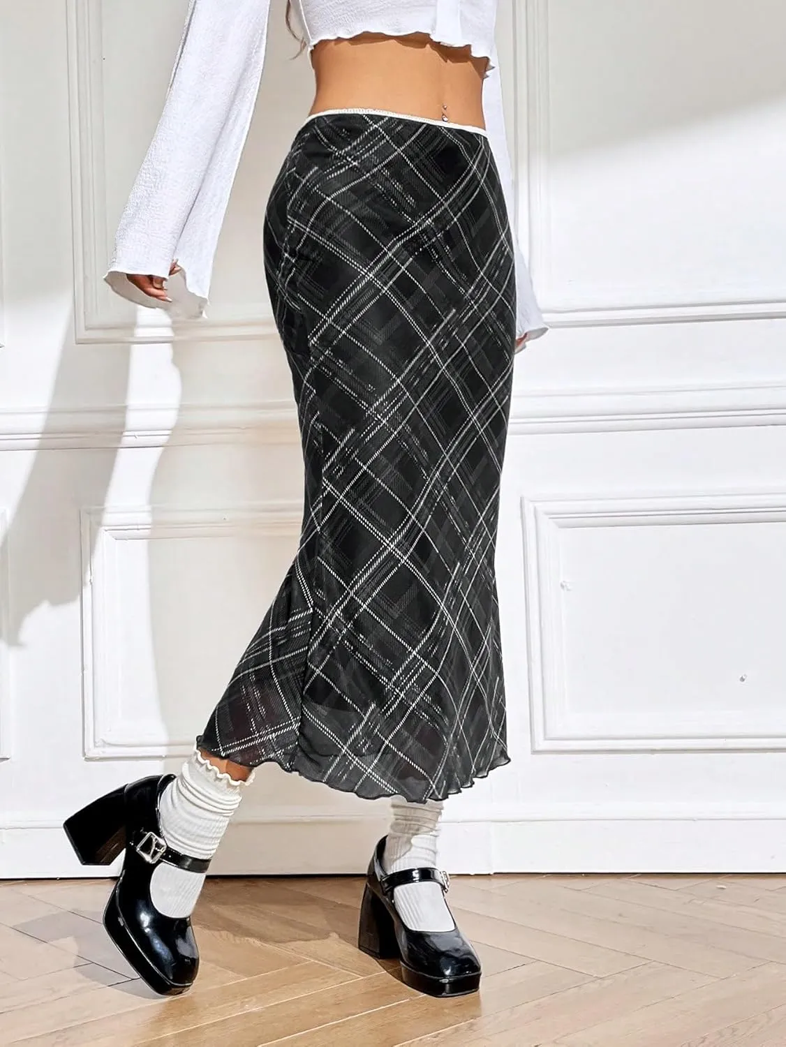 Verdusa Women's Vintage Plaid Print Layered Fishtail Skirt High Waist Long Skirts