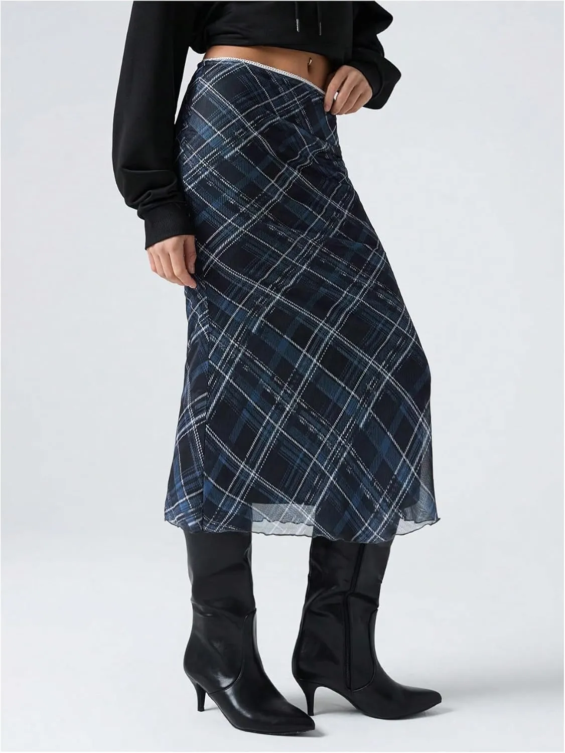 Verdusa Women's Vintage Plaid Print Layered Fishtail Skirt High Waist Long Skirts