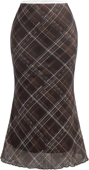 Verdusa Women's Vintage Plaid Print Layered Fishtail Skirt High Waist Long Skirts
