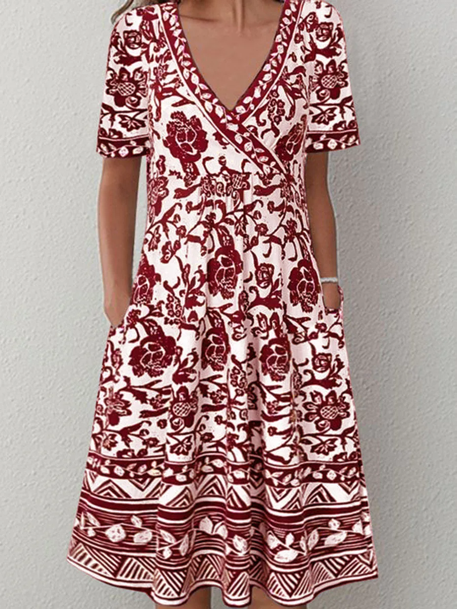 Vintage Elegant V Neck Short Sleeve Floral Dress