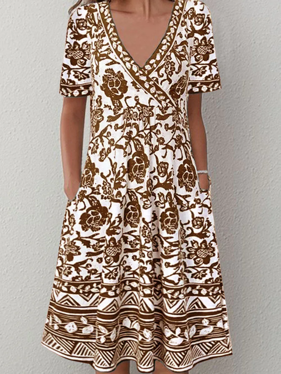 Vintage Elegant V Neck Short Sleeve Floral Dress