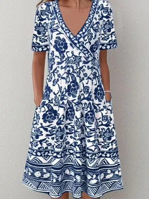 Vintage Elegant V Neck Short Sleeve Floral Dress