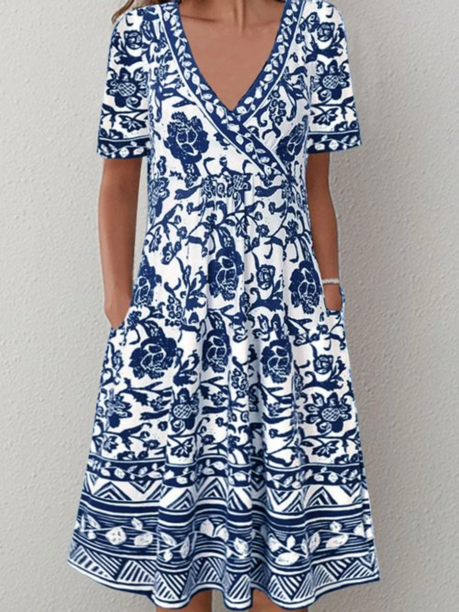Vintage Elegant V Neck Short Sleeve Floral Dress