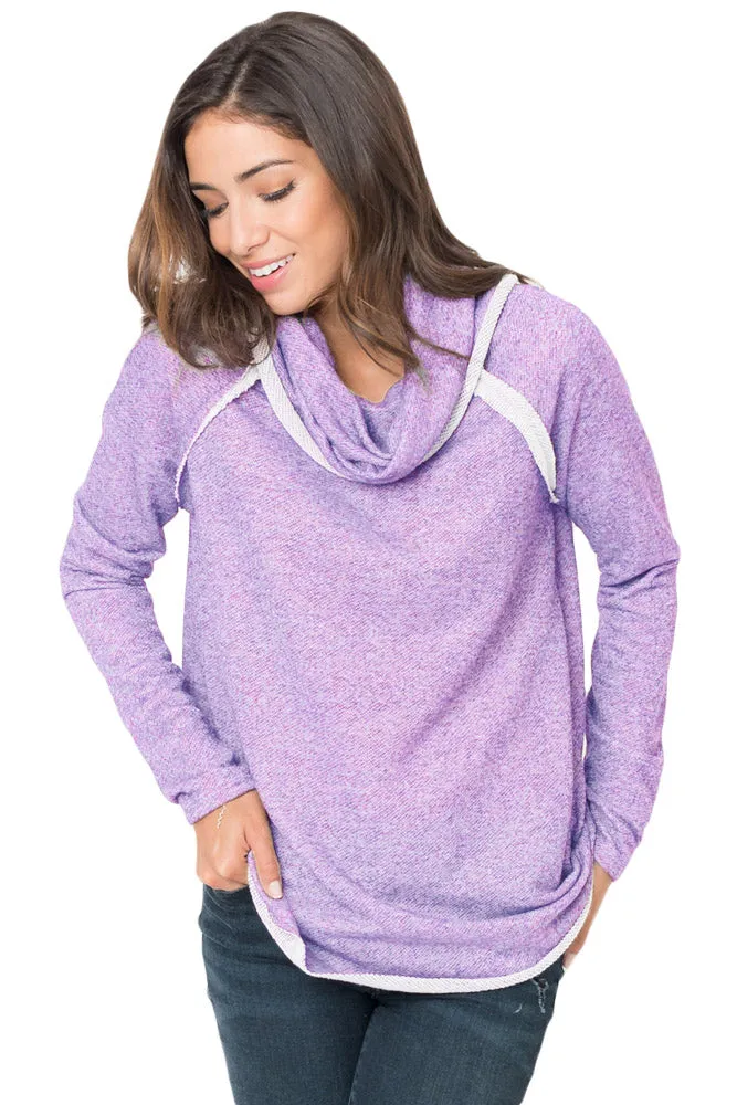 Violet Raw Edge Cowl Neck Pullover Sweatshirt