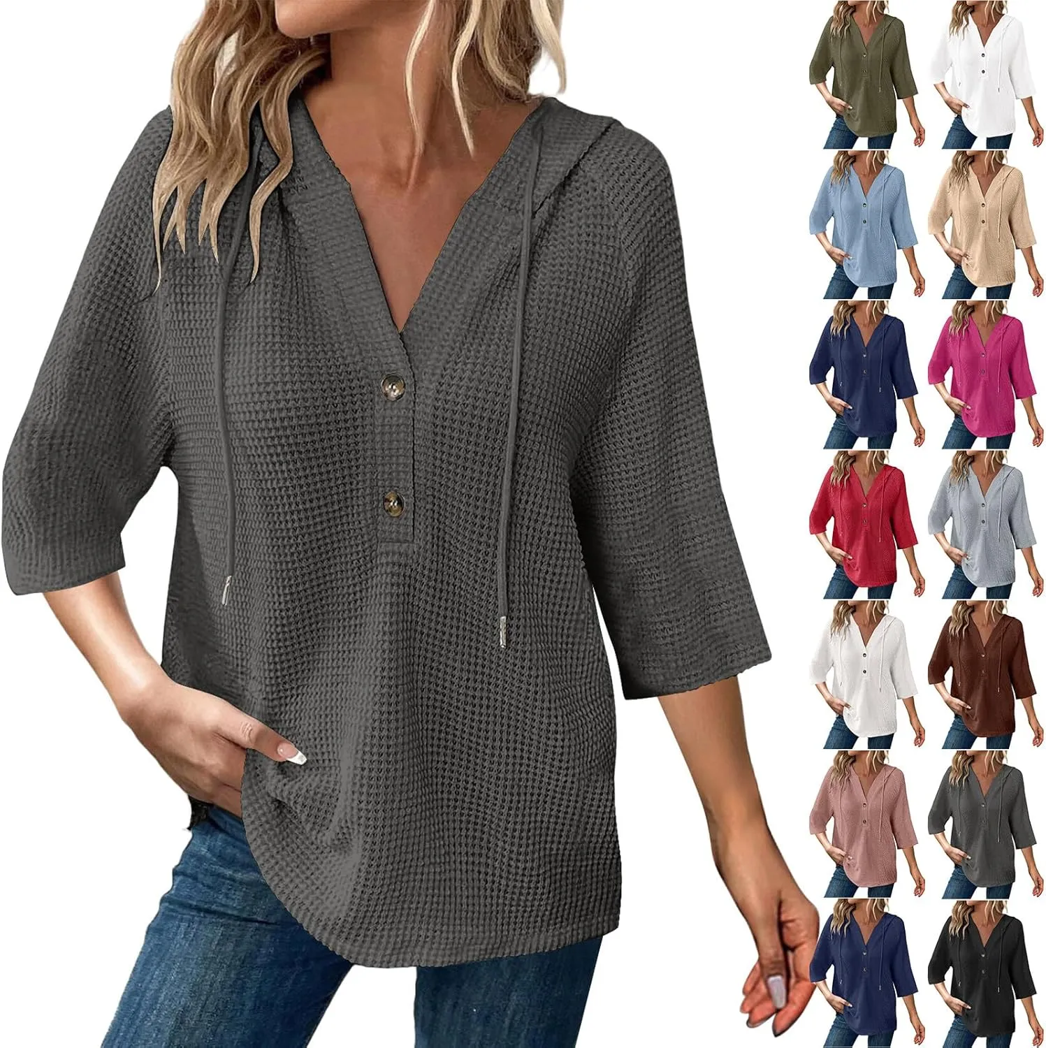 Waffle Knit Tops for Women Loose Fit 3/4 Sleeve Henley V Neck T Shirts Casual Spring Knitted Lightweight Tunic Hoodie