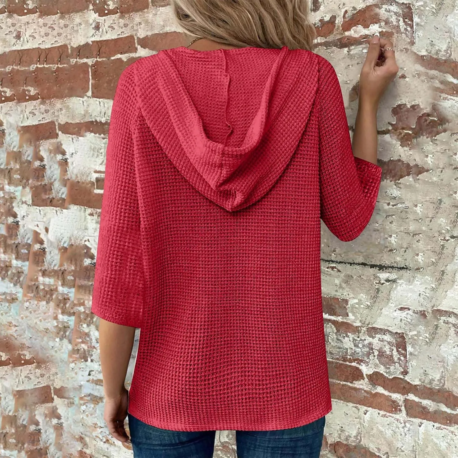 Waffle Knit Tops for Women Loose Fit 3/4 Sleeve Henley V Neck T Shirts Casual Spring Knitted Lightweight Tunic Hoodie