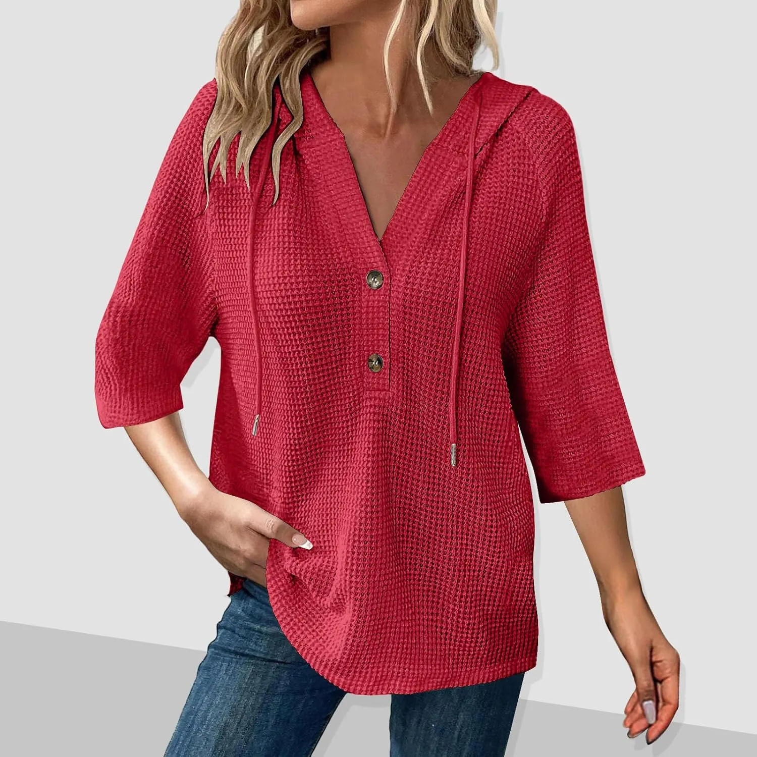 Waffle Knit Tops for Women Loose Fit 3/4 Sleeve Henley V Neck T Shirts Casual Spring Knitted Lightweight Tunic Hoodie