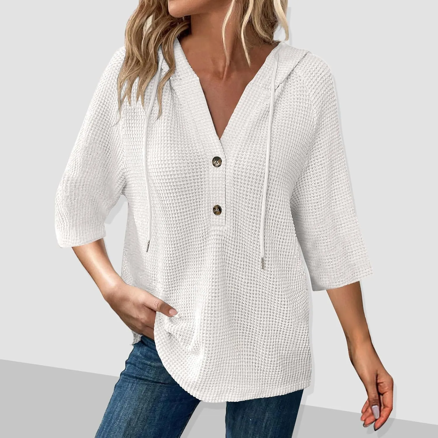 Waffle Knit Tops for Women Loose Fit 3/4 Sleeve Henley V Neck T Shirts Casual Spring Knitted Lightweight Tunic Hoodie
