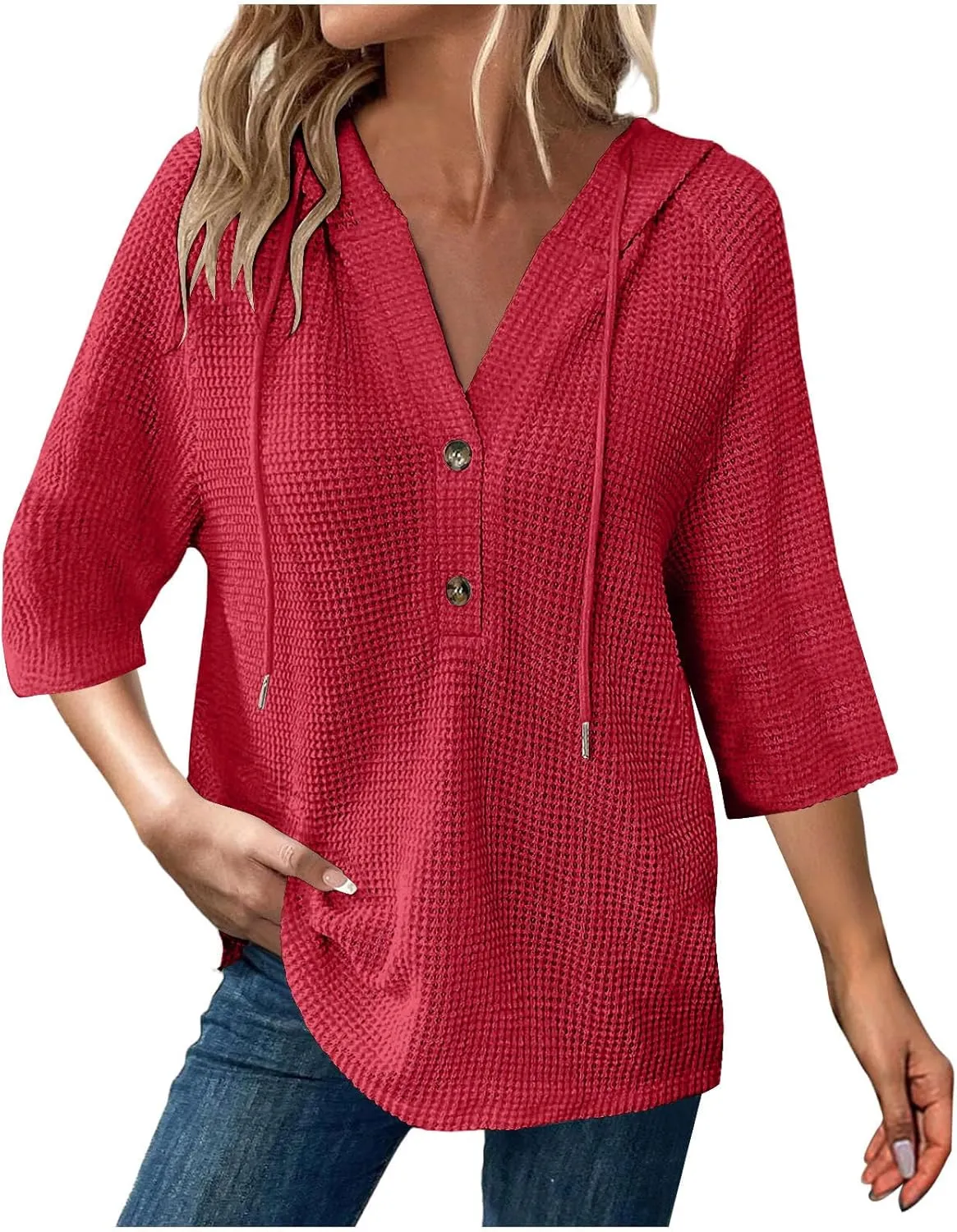 Waffle Knit Tops for Women Loose Fit 3/4 Sleeve Henley V Neck T Shirts Casual Spring Knitted Lightweight Tunic Hoodie