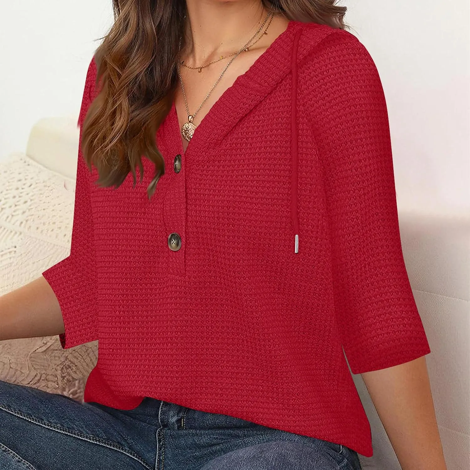 Waffle Knit Tops for Women Loose Fit 3/4 Sleeve Henley V Neck T Shirts Casual Spring Knitted Lightweight Tunic Hoodie