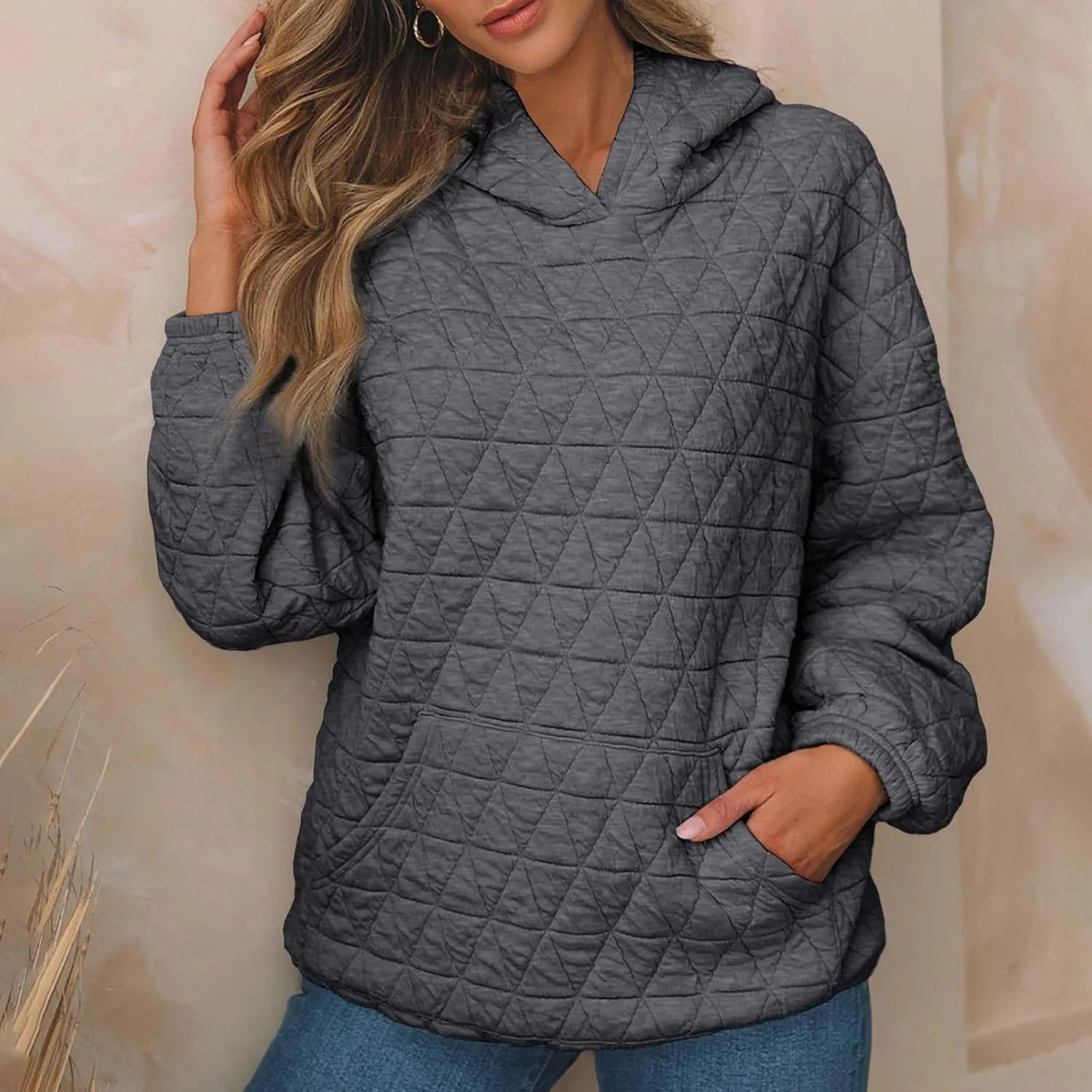 Warm Hooded Sweatshirts for Women Solid Plaid Casual Fall Winter Hoodies Oversized Comfy Blouses for Outing Street