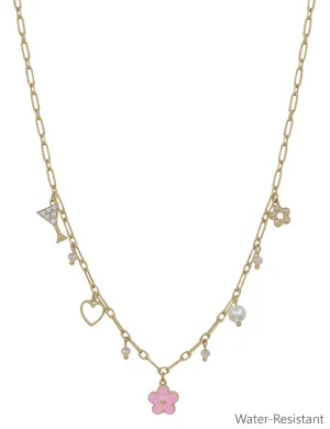 Water-Resistant Gold Chain Necklace with Pink and Gold Flower Charms (16"-18")  Pool and Beach Ready