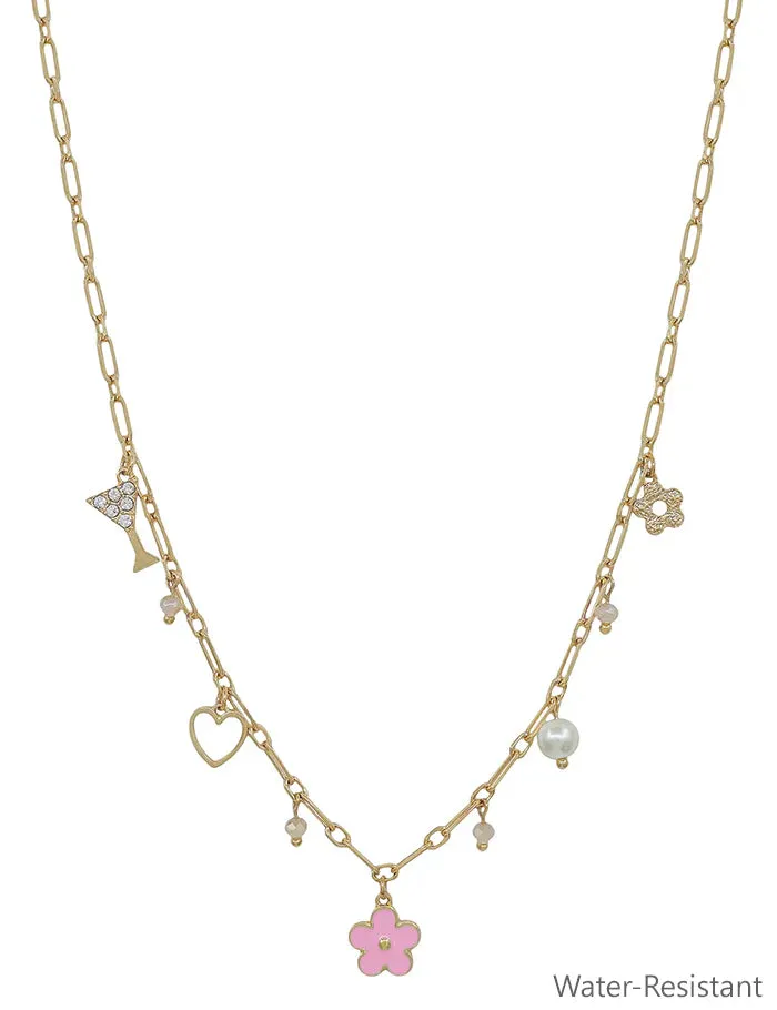 Water-Resistant Gold Chain Necklace with Pink and Gold Flower Charms (16"-18")  Pool and Beach Ready