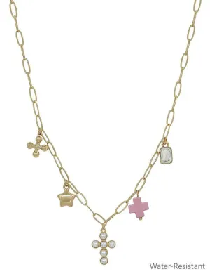 Water-Resistant Gold Chain with Pearl Beaded Cross, Pink Cross, and Star Charm 16"-18" Necklace