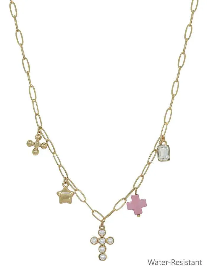 Water-Resistant Gold Chain with Pearl Beaded Cross, Pink Cross, and Star Charm 16"-18" Necklace