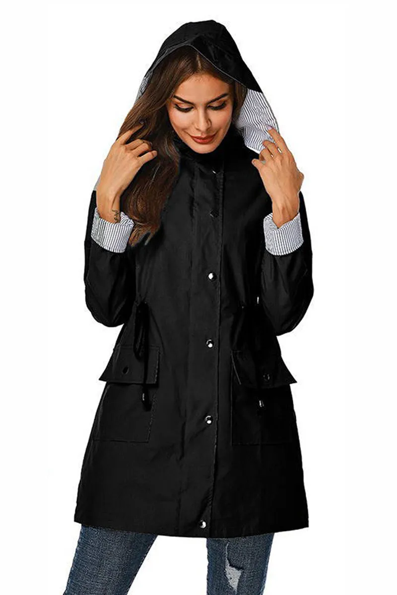 Water Resistant Hooded Striped Windbreaker Rain Jacket
