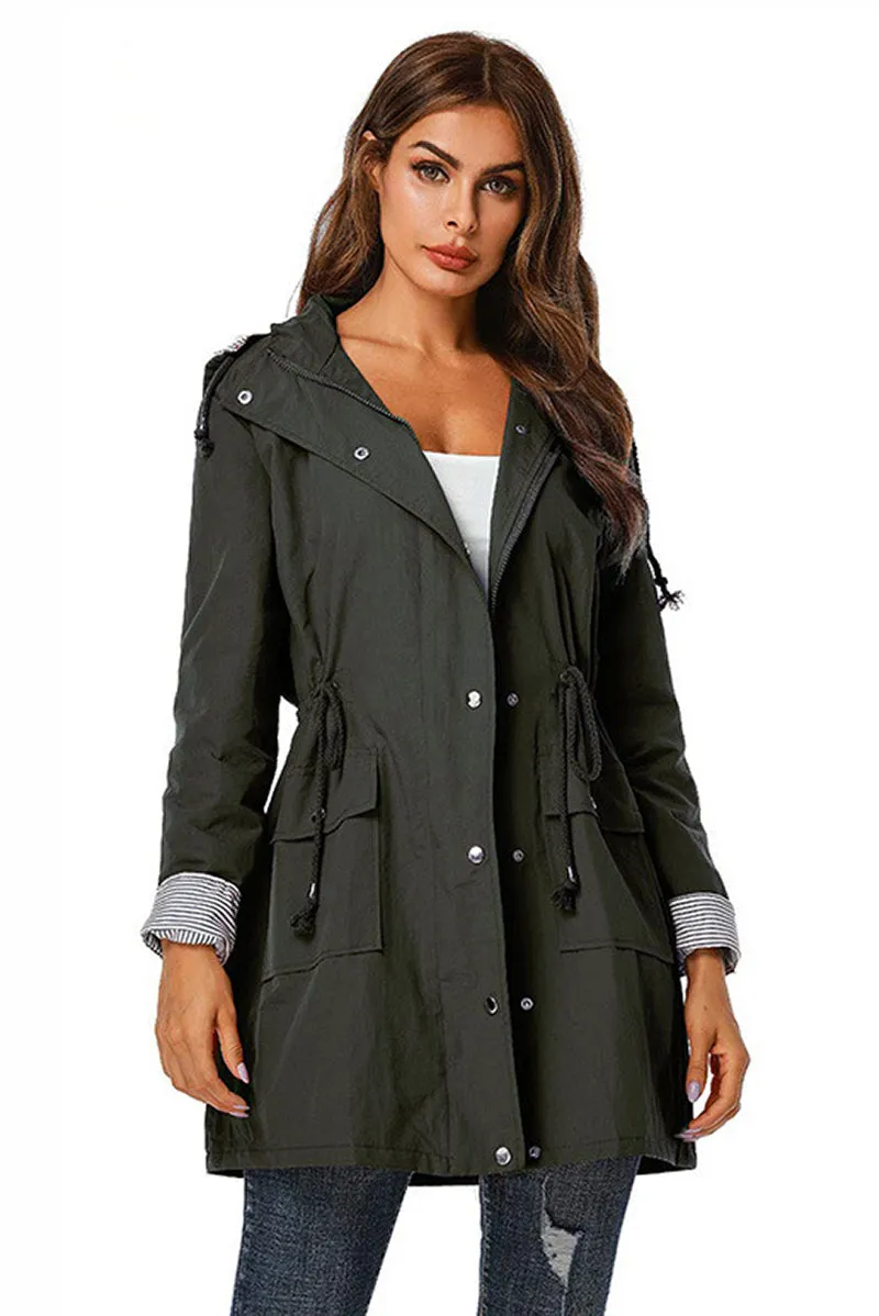 Water Resistant Hooded Striped Windbreaker Rain Jacket