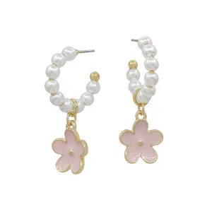 Water-Resistant Pearl Hoop Earrings with Floral Charm  Pool Ready