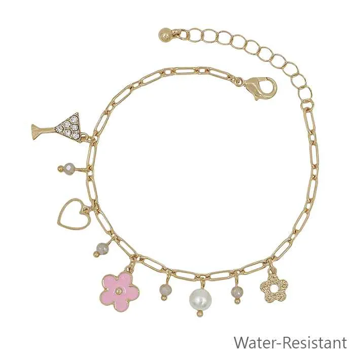 Water-Resistant Pink Flower, Pearl and Multi-Charm Gold Bracelet  Pool and Beach Ready