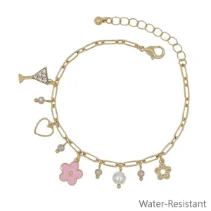 Water-Resistant Pink Flower, Pearl and Multi-Charm Gold Bracelet  Pool and Beach Ready