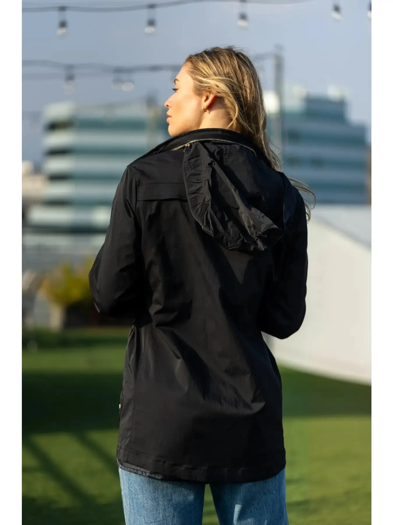 W.A.Y Wonderful & Young Lightweight Raincoat Jacket Long In Black