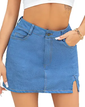 We1Fit Skorts for Women High Waisted Trendy Denim Mini Skirt Side Slit Jean Shorts Stretchy Skirts