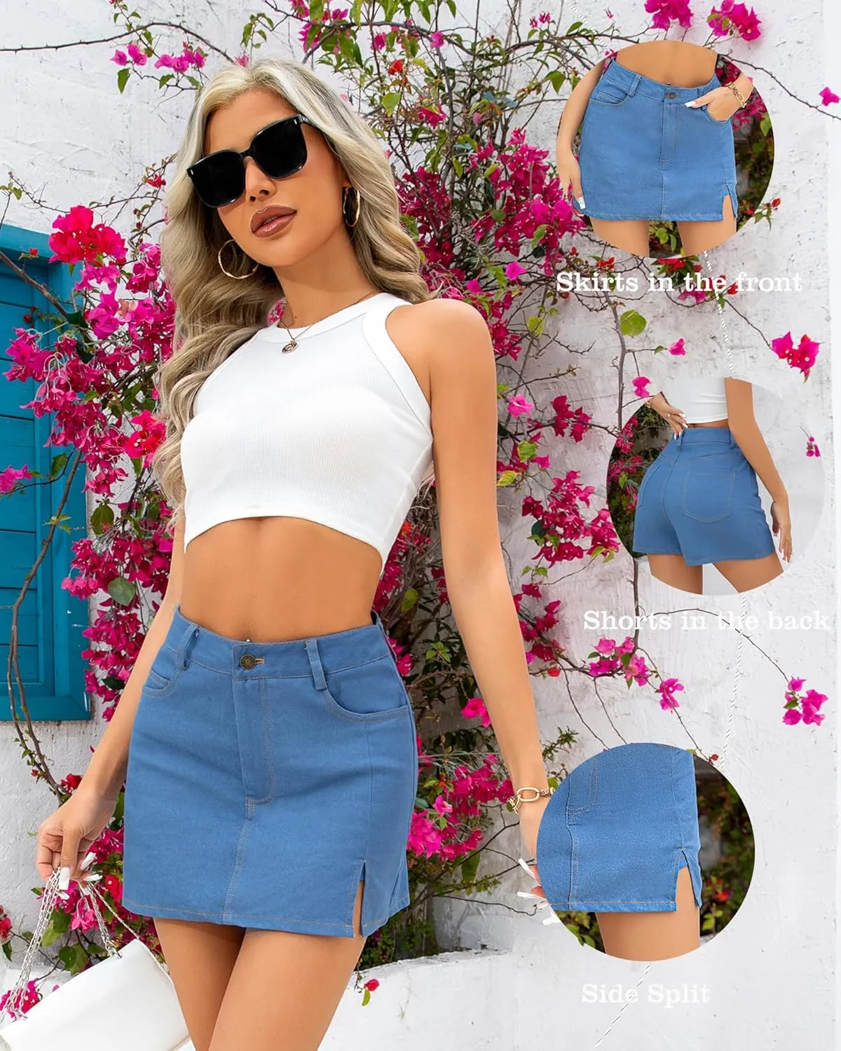 We1Fit Skorts for Women High Waisted Trendy Denim Mini Skirt Side Slit Jean Shorts Stretchy Skirts