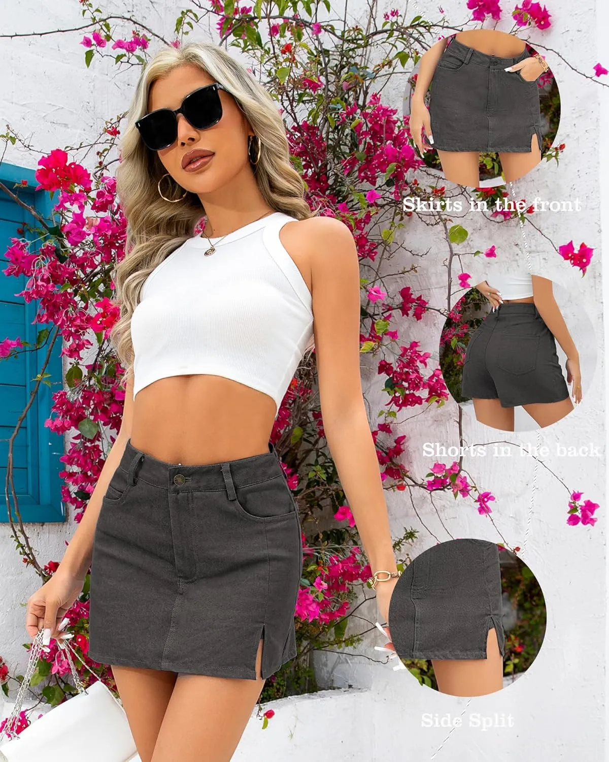 We1Fit Skorts for Women High Waisted Trendy Denim Mini Skirt Side Slit Jean Shorts Stretchy Skirts