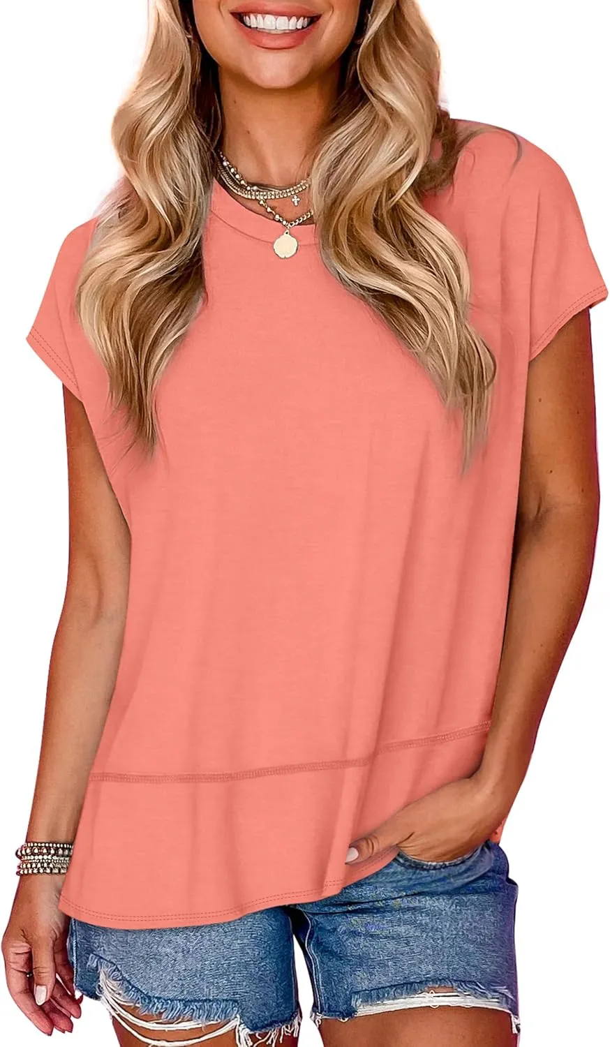WEESO Womens Summer Tops 2025 Cap Short Sleeve T Shirts Trendy Dressy Casual Crew Neck Loose Fit Shirts