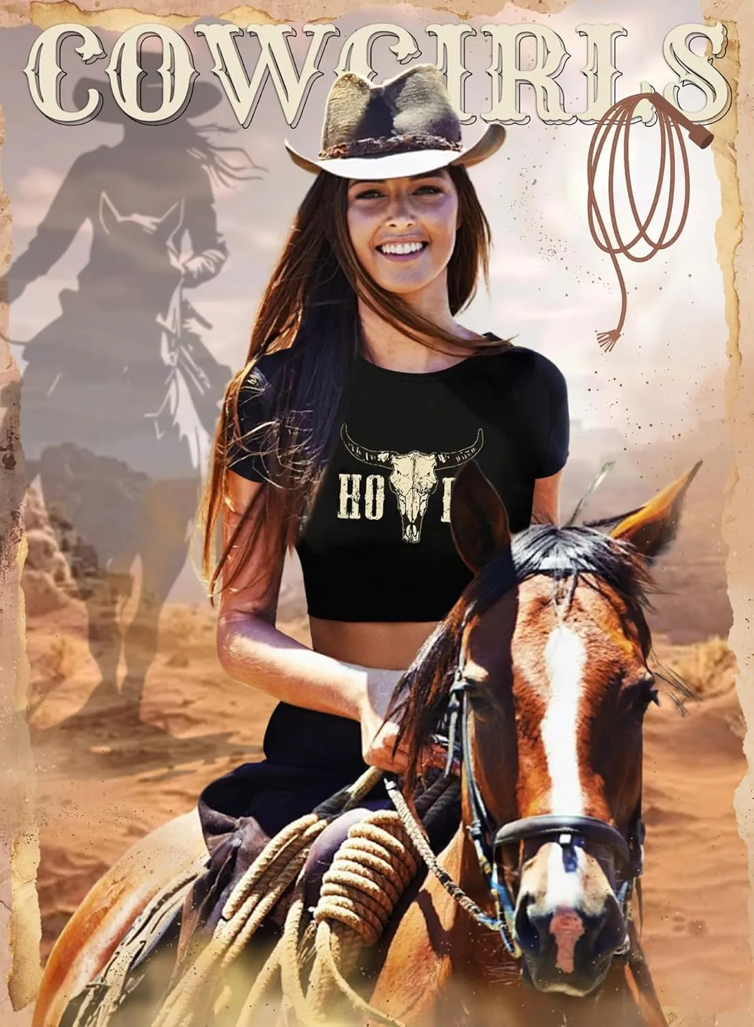 Western Cowgirl Crop Top for Women - Country Concert Cowboy Rodeo Outfit Cow Skull Graphic Tee Vintage Howdy Shirts