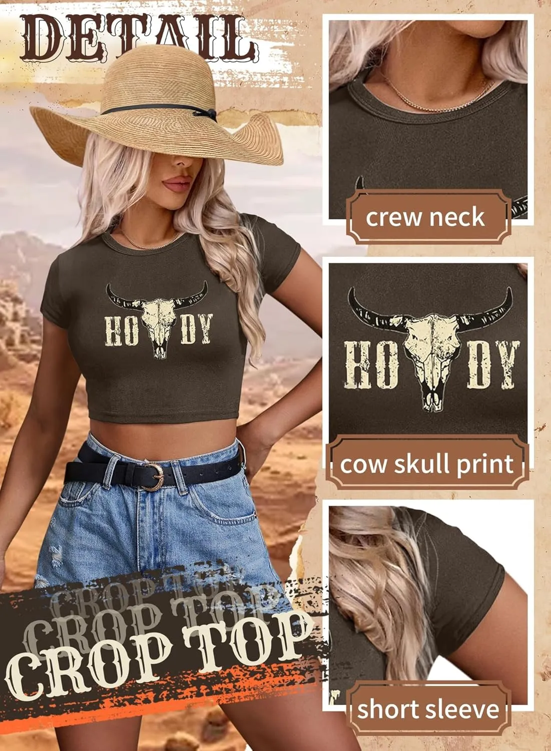 Western Cowgirl Crop Top for Women - Country Concert Cowboy Rodeo Outfit Cow Skull Graphic Tee Vintage Howdy Shirts