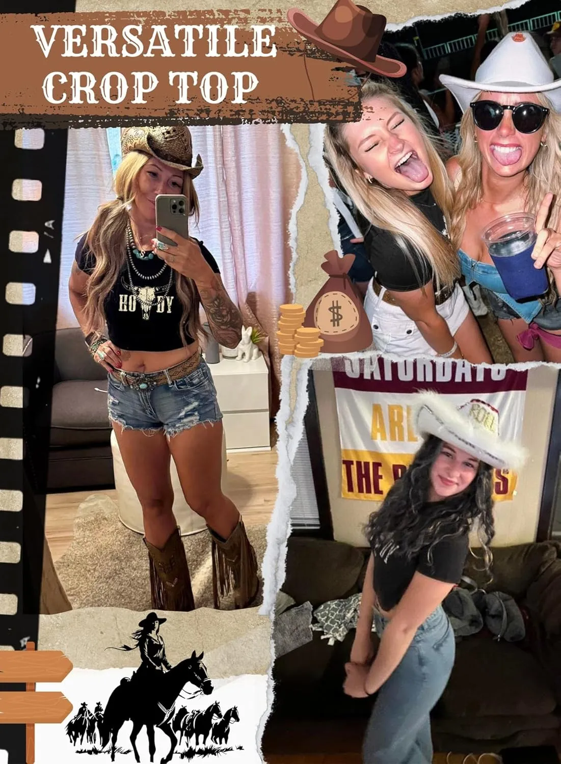 Western Cowgirl Crop Top for Women - Country Concert Cowboy Rodeo Outfit Cow Skull Graphic Tee Vintage Howdy Shirts