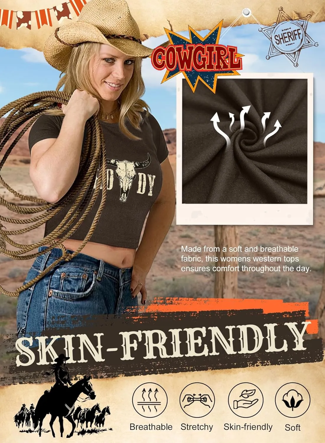 Western Cowgirl Crop Top for Women - Country Concert Cowboy Rodeo Outfit Cow Skull Graphic Tee Vintage Howdy Shirts