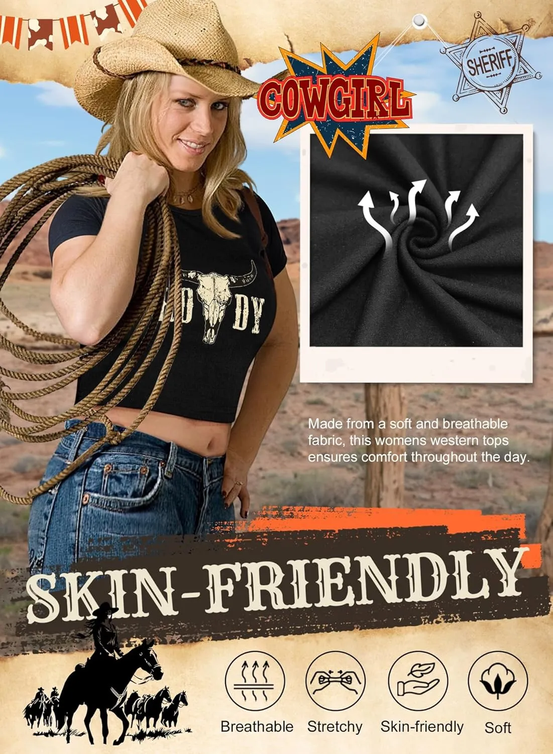 Western Cowgirl Crop Top for Women - Country Concert Cowboy Rodeo Outfit Cow Skull Graphic Tee Vintage Howdy Shirts